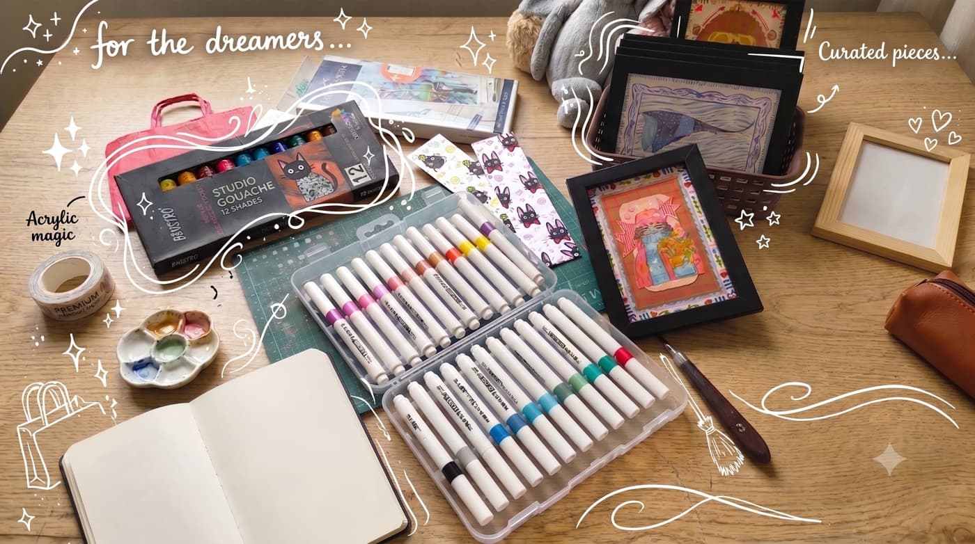 The studio desk — gouache, brush pens, framed paintings and stickers mid-project