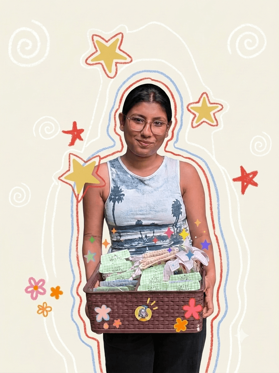 The maker of Art Speaks holding a basket of packaged pieces, framed by hand-drawn stars and swirls